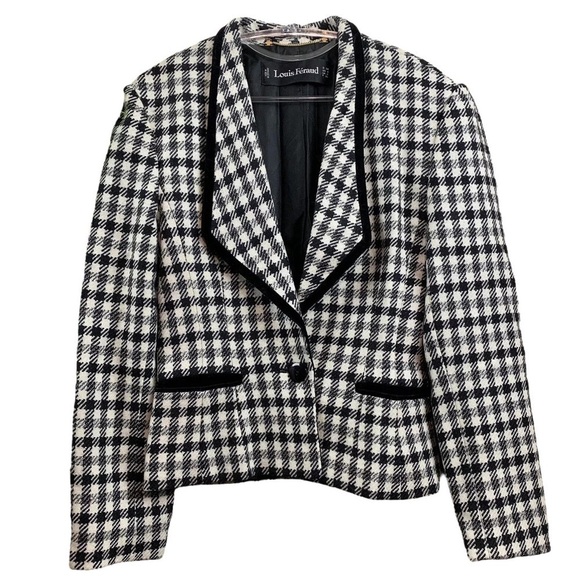 Louis Feraud Wool Gingham Plaid Velvet Trim Buttoned Blazer Jacket Black Ivory 4 - Picture 8 of 8